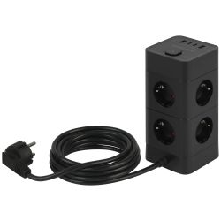Сетевой фильтр ЭРА TWR-8es-1,5m-4USB-B башня с защитой заземлением с выключателем 8 розеток+4xUSBA+C 1,5м 16А черный