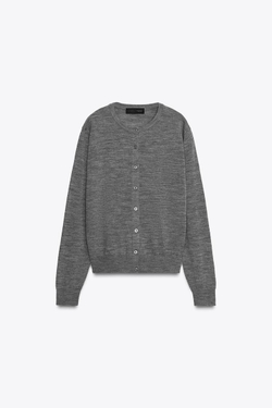 ZARA КАРДИГАН ИЗ 100% ШЕРСТИ, ГЛАДКАЯ ВЯЗКА, СЕРЫЙ МЕЛАНЖ
