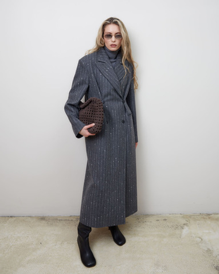 Пальто с дополнительными петлями из шерсти Стелла Маккартни полоска серый