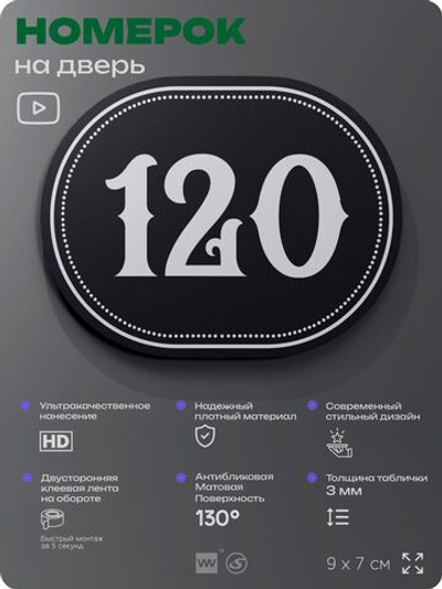Номерок на дверь квартиры 120, для кабинета, офиса, шильдик 9 х 7 см, черный, Айдентика Технолоджи