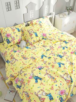 Постельное белье перкаль Сказка "Зайчики" 1,5-сп Наволочка 50x70 см 1 шт Простынь на резинке 90x200 см Пододеяльник 145x215 см