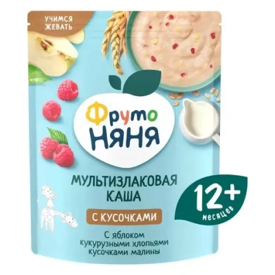 Каша Фрутоняня молочная с яблоком, кукурузными хлопьями и кусочками малины, 200 г, с 12 месяцев
