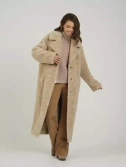 Шуба чебурашка длинная из овечьей шерсти, бежевая, SilverFox