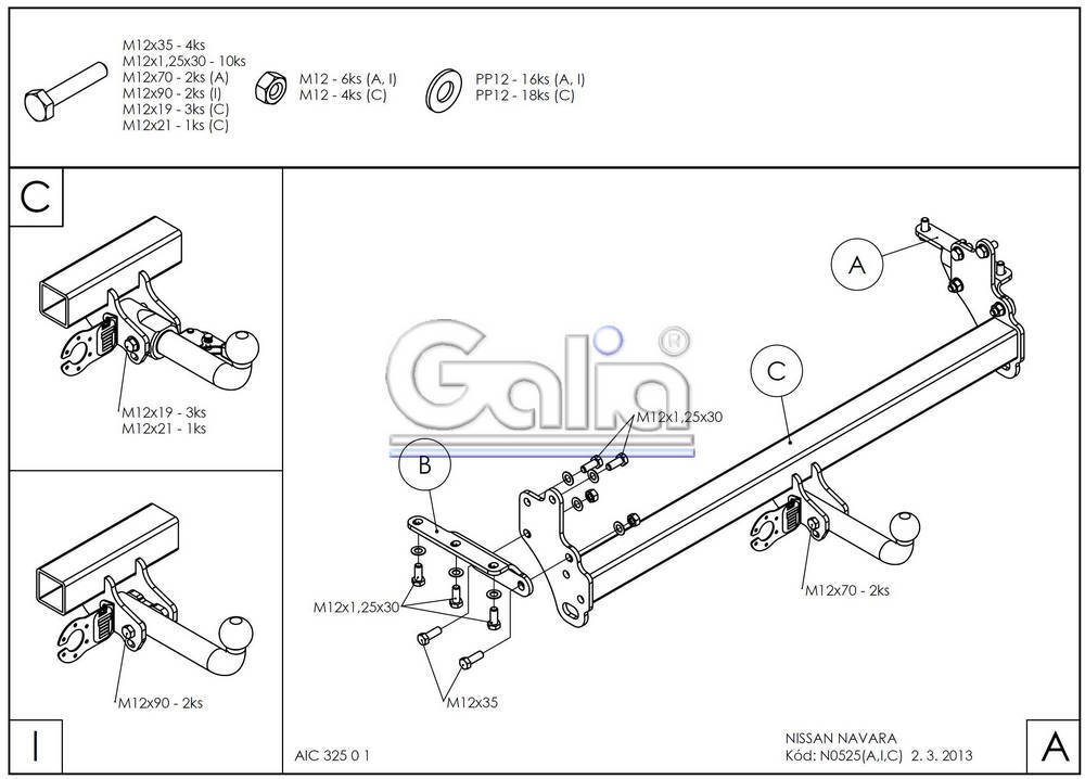 Фаркоп оцинкованный Galia N052A для Nissan Navara D40 2005-(паспорт и сертификат в комплекте)(без электрики)