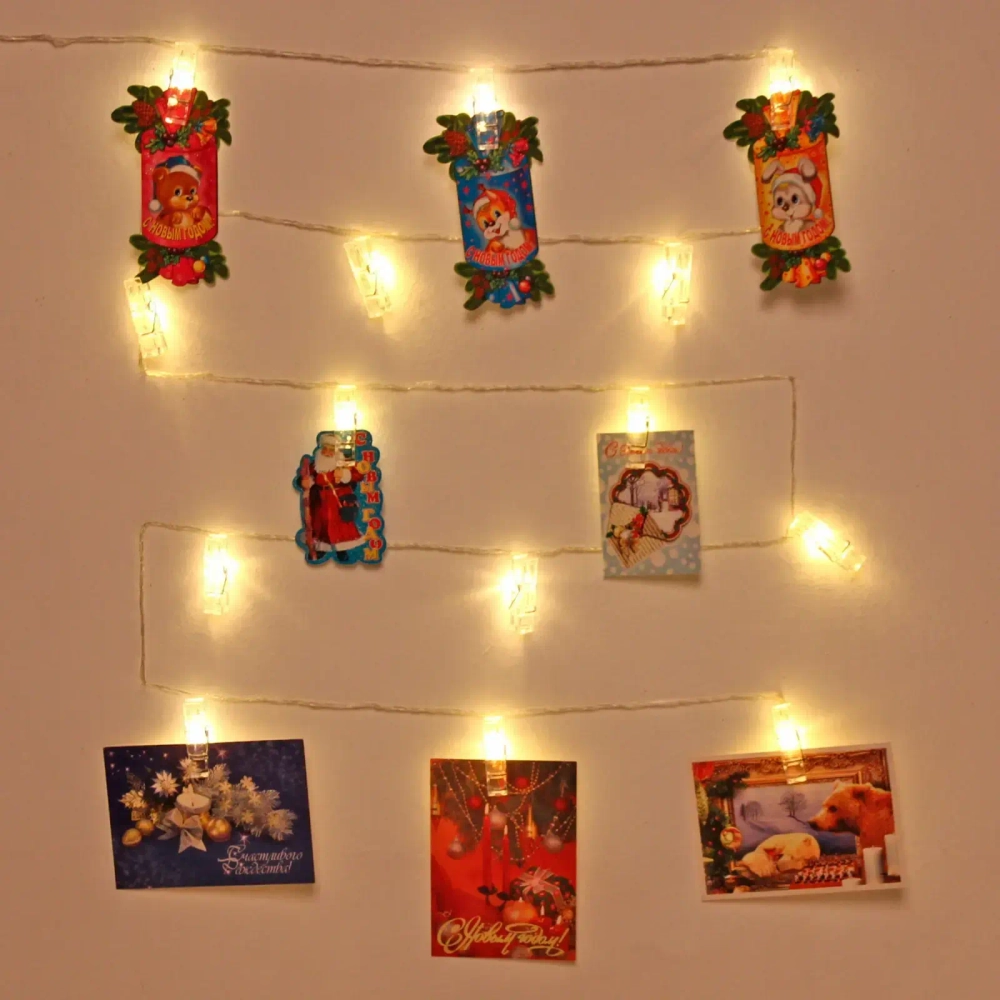 Гирлянда для дома 4,0 м 20 ламп LED с насадками ПРИЩЕПКА, прозрач.провод, IP-20, Теплый белый