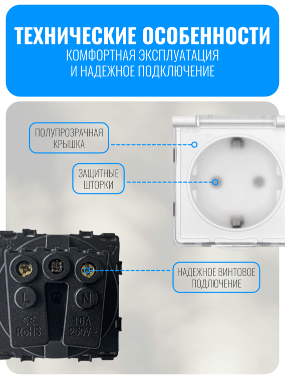 Розетка с заземлением и крышкой Smart Aura серия Classic без рамки