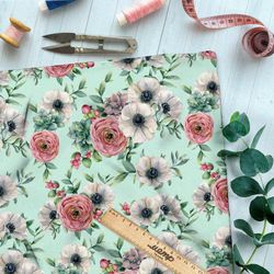 Ткань лён пыльные розы и петуньи на зелёном фоне