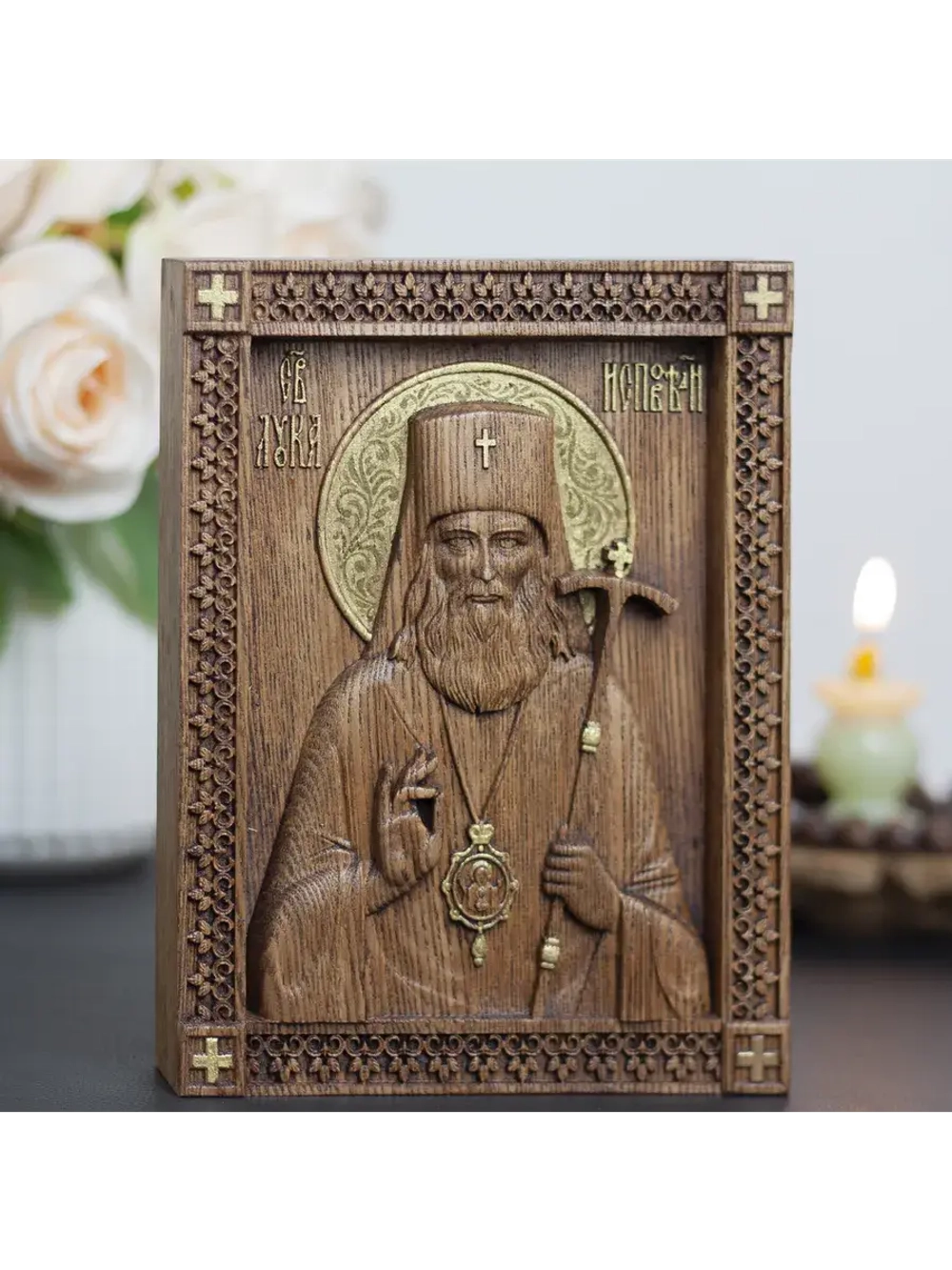 Лука Крымский икона деревянная резная, ясень