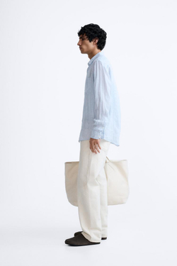 ZARA РУБАШКА ИЗ 100% ЛЬНА, СИНИЙ/БЕЛЫЙ