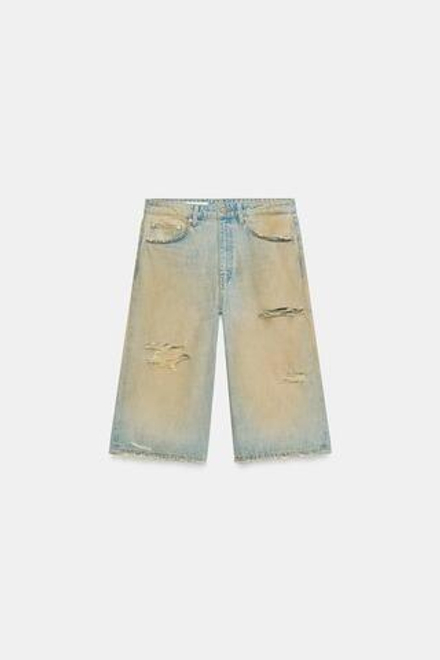 ZARA ДЖИНСОВЫЕ ШОРТЫ TRF BAGGY С РАЗРЕЗАМИ, ЛИНЯЛЫЙ СИНИЙ