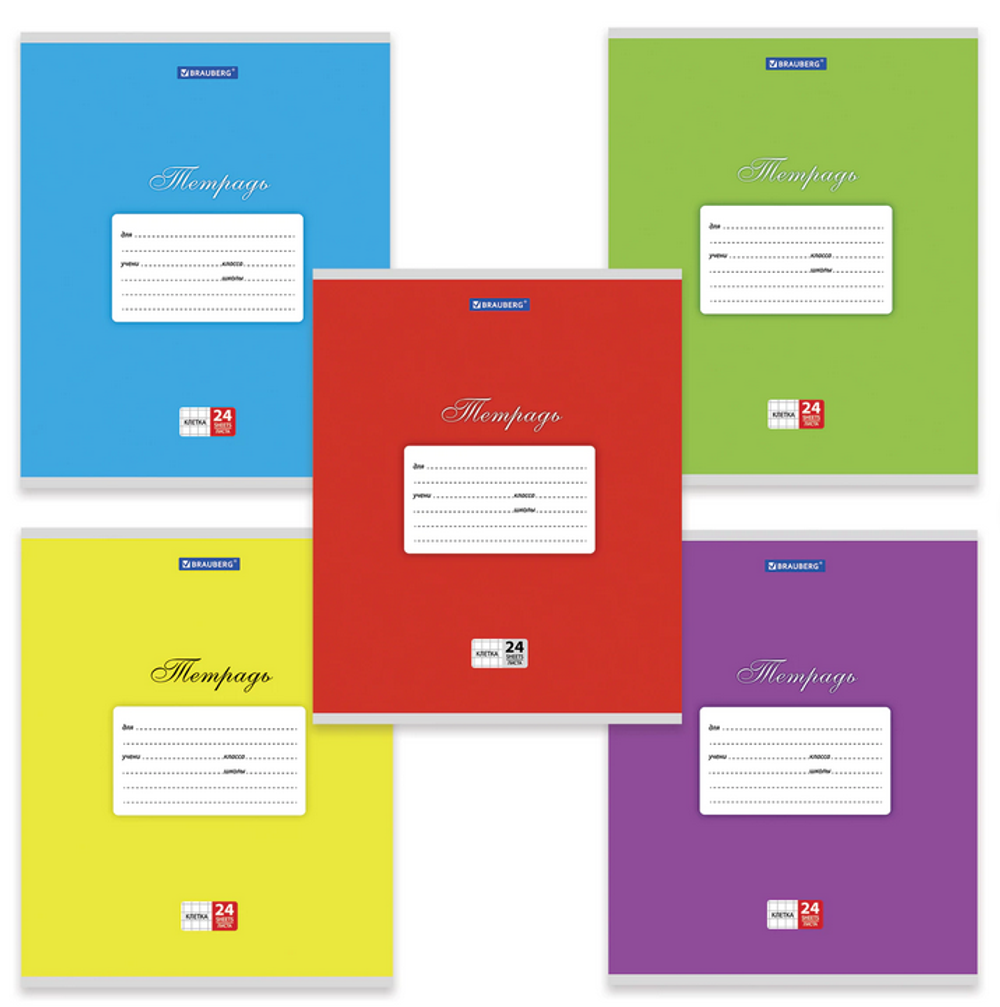 Тетрадь А5 24л. клетка "Классика" обложка картон, 5 видов (BRAUBERG)