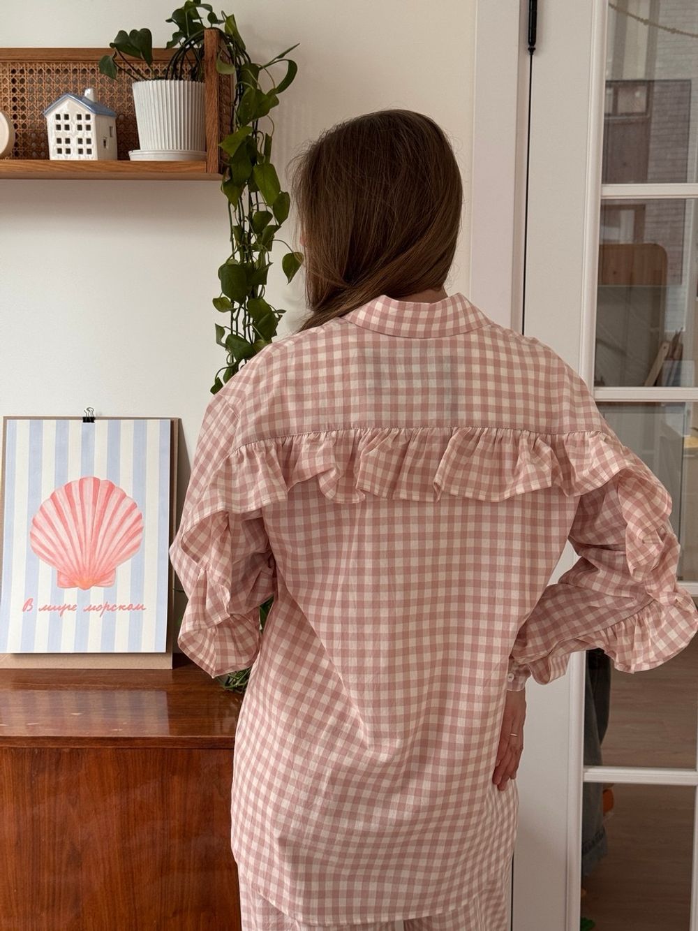 Брюки из варёного хлопка для беременных, Пудровый в клетку