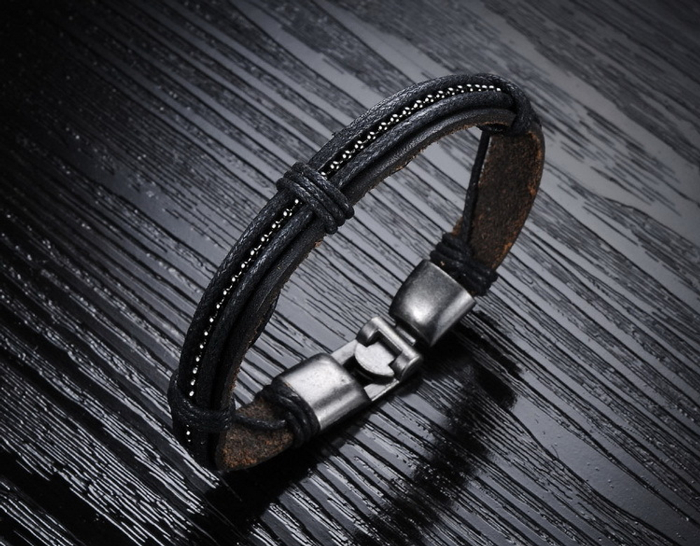 Оригинальный стильный мужской браслет из натуральной кожи и металла SteelMan mn029