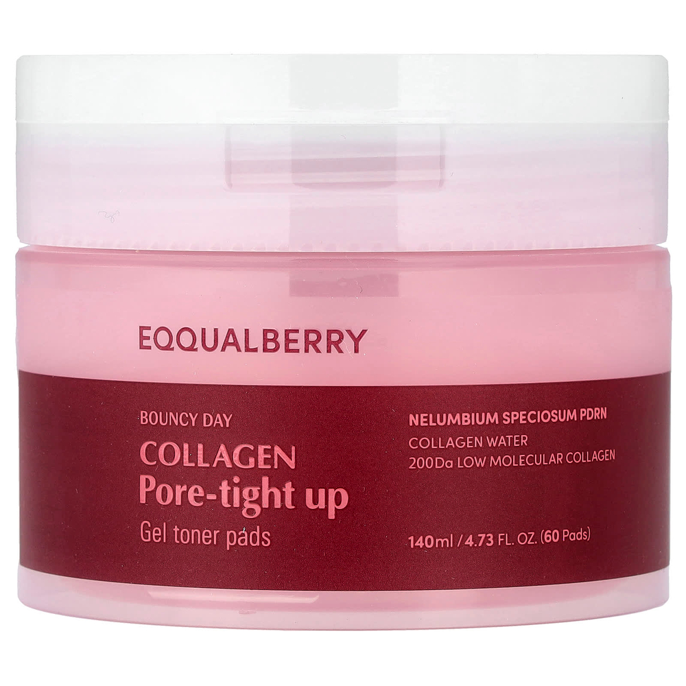 EQQUALBERRY, Bouncy Day, Collagen Pore-Tight Up, гелевые тонизирующие диски, с коллагеном, 60 шт.