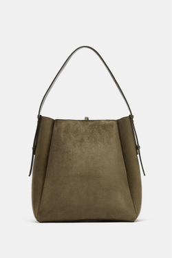 ZARA БОЛЬШАЯ СУМКА-МЕШОК С МЕТАЛЛИЧЕСКИМ КОЛЬЦОМ, ЗЕЛЕНЫЙ