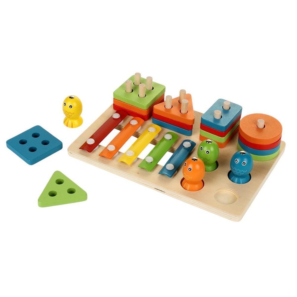 Развивающая игрушка 3 в 1 деревянная (сортер, металлофон, рыбалка с пчелками), коробка C-41637