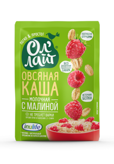 Овсяная молочная каша быстрого приготовления «С малиной», 40 г (0,34 б)