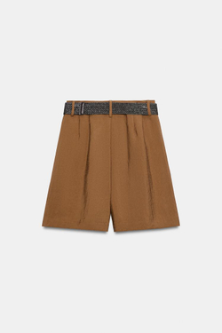 ZARA ШОРТЫ С ЗАЩИПАМИ И РЕМНЕМ, СВЕТЛО-КОРИЧНЕВЫЙ