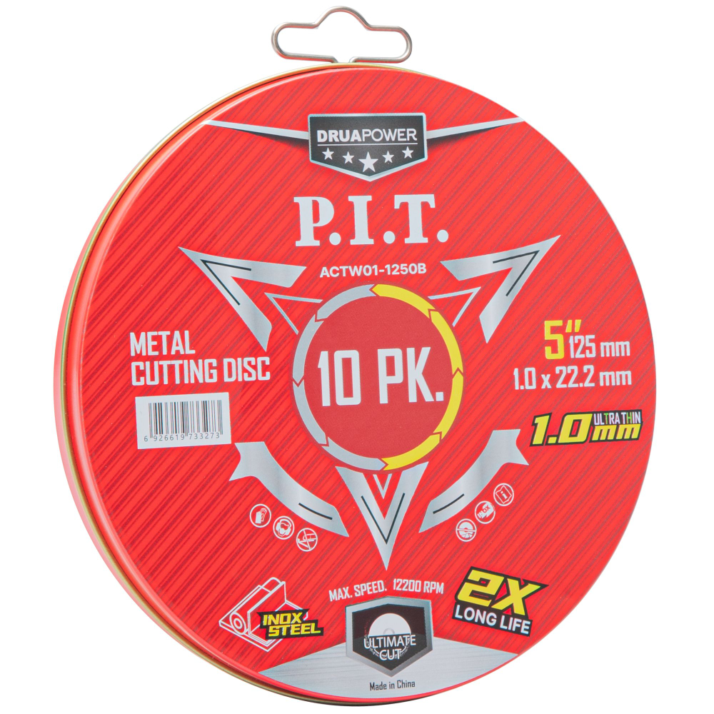 Диск отрезной по нерж. стали P.I.T. DRUA ACTW01-1250B (125x22,2x1,0 мм, 10 шт, металлический бокс)