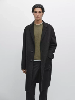 Massimo Dutti Длинное пальто из смесовой шерсти с воротником с лацканами, темно-серый