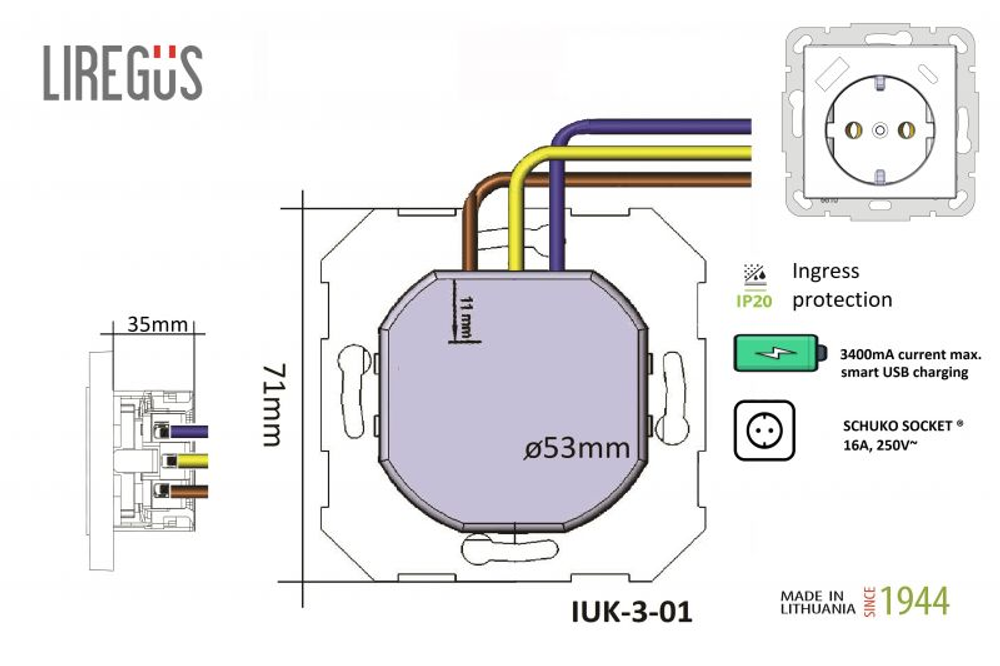 Розетка USB Двойная для Зарядки УМНАЯ 5V(3,4А) Белая LIREGUS EPSILON
