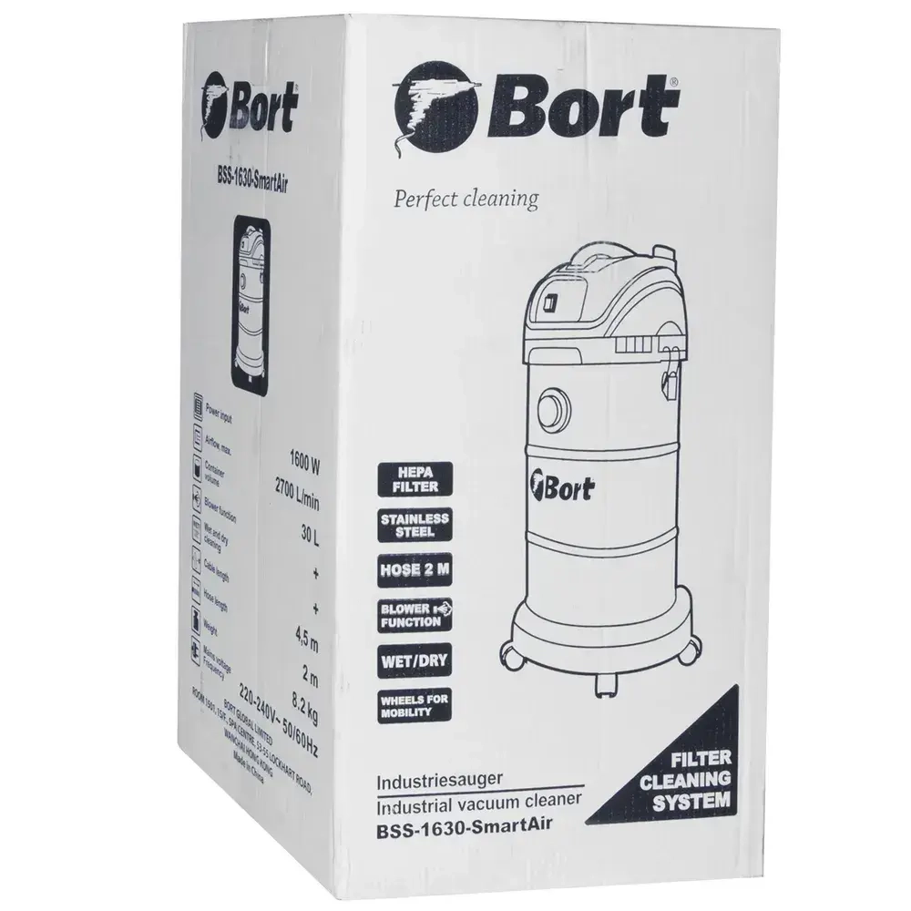 Строительный пылесос BORT BSS-1630-SmartAir, 320 Вт, 30 л, полуавтоматическая очистка фильтра, шланг 3 м, розетка