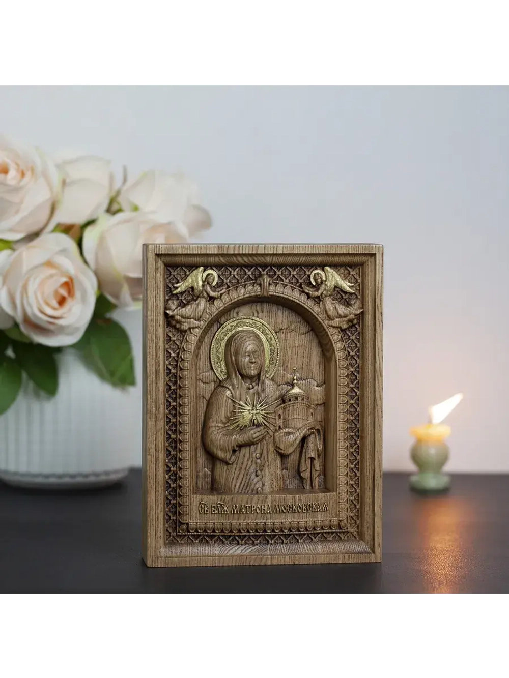 Матрона Московская деревянная резная икона, ясень