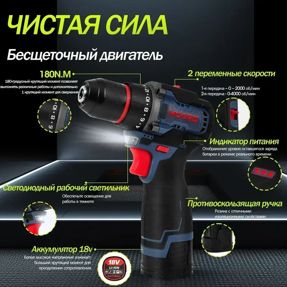 Дрель-шуруповерт, 18 В, 180 Нм, 2 АКБ