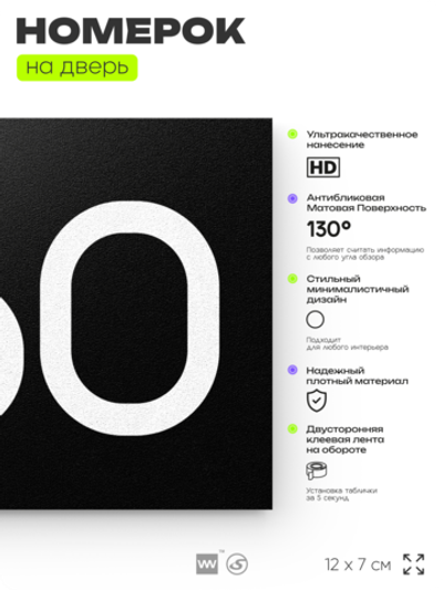 Номер на дверь 960, табличка на дверь для офиса, квартиры, кабинета, аудитории, склада, черная 120х70 мм, Айдентика Технолоджи