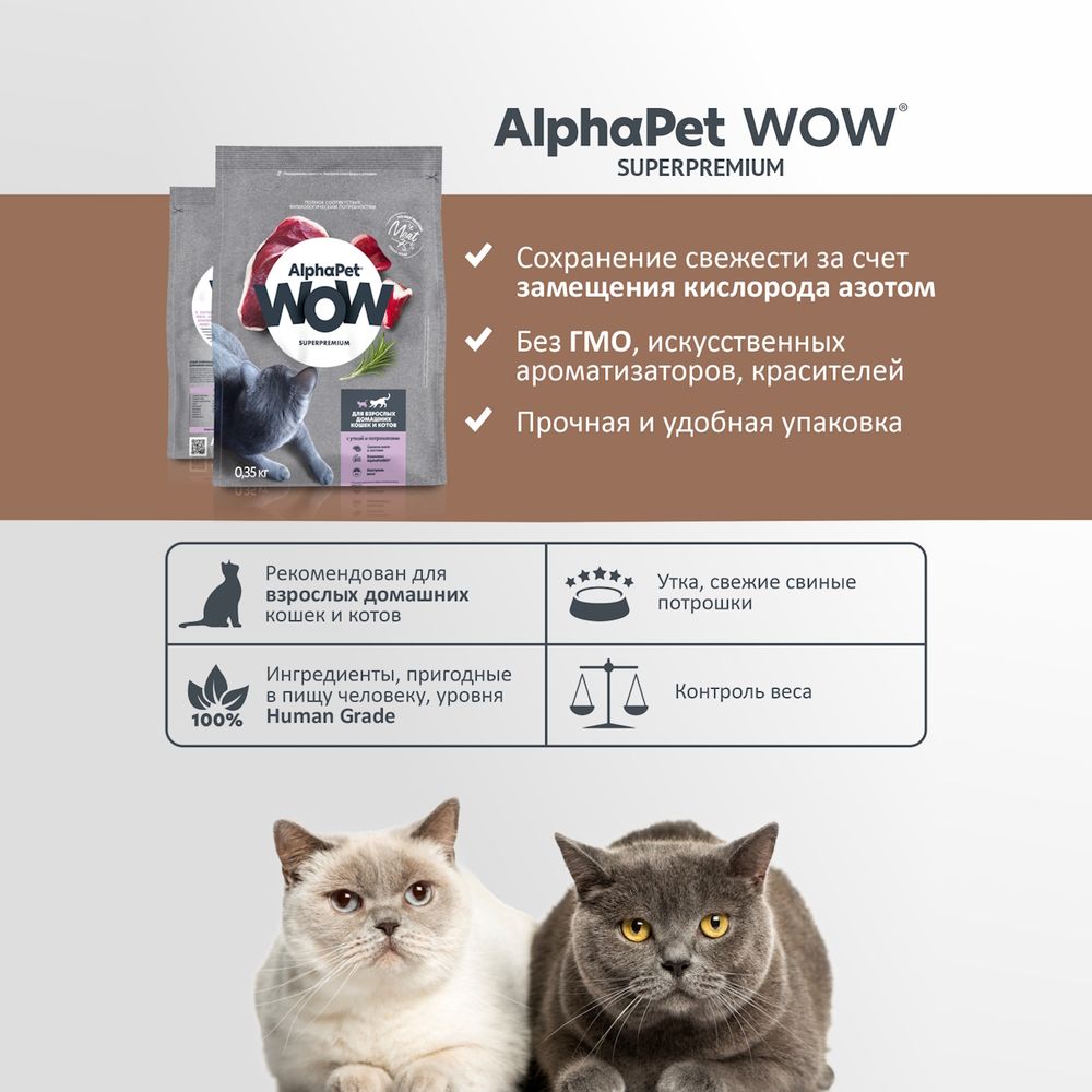 Сухой корм AlphaPet WOW Superpremium для взрослых домашних кошек и котов с уткой и потрошками Сухой корм AlphaPet WOW Superpremium для взрослых домашних кошек и котов с уткой и потрошками