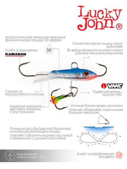 Балансир Lucky John CLASSIC 3 с тр. 30мм/15H блистер