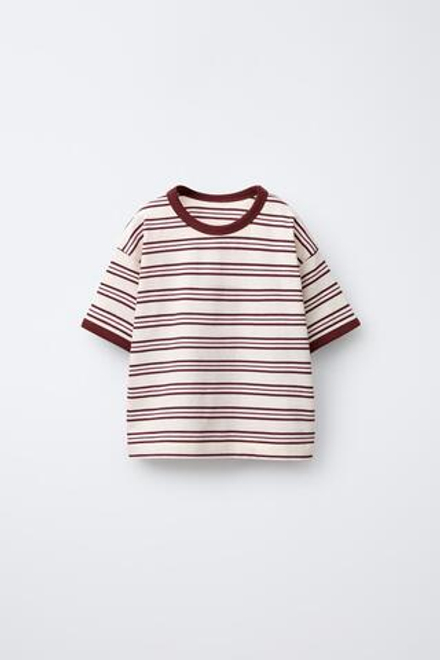ZARA ZARA TIMELESS — ФУТБОЛКА В ПОЛОСКУ С КОНТРАСТНОЙ ОТДЕЛКОЙ, ЭКРЮ/ГРАНАТОВЫЙ
