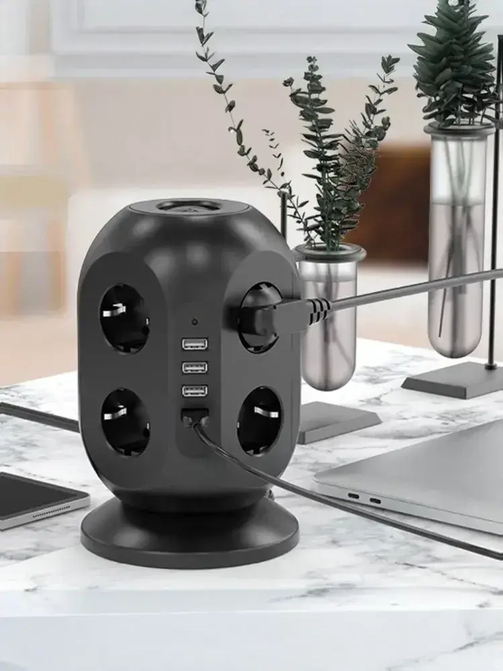 Сетевой фильтр Башня, 8 розеток с предохранителем, 3 USB и 1 Type-C умная зарядка, кабель 3м, заземление