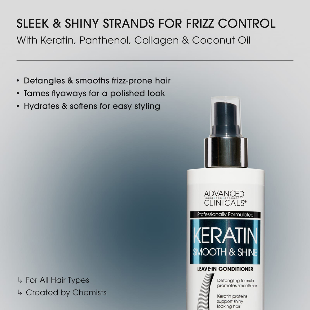 Advanced Clinicals, Keratin Smooth & Shine, несмываемый кондиционер для гладкости и блеска волос, 237 мл (8 жидк. унций)