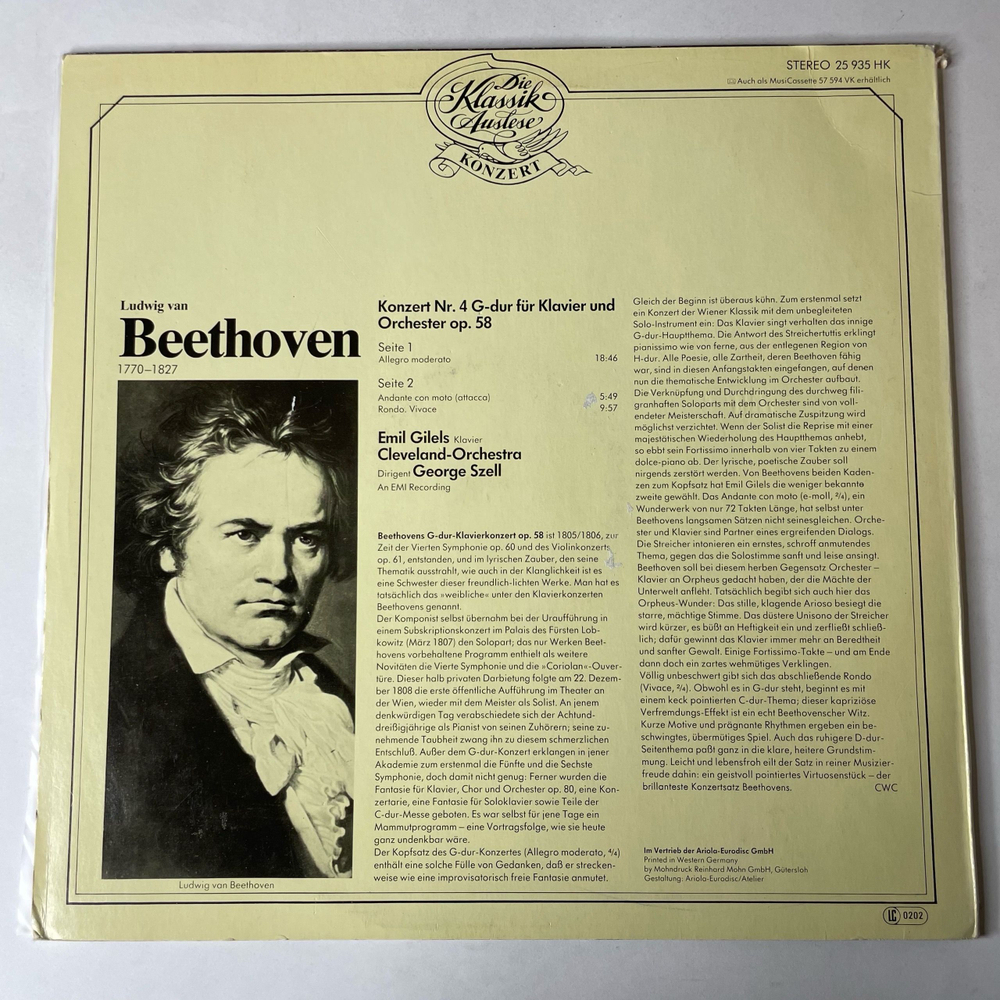 Винтажная виниловая пластинка LP Emil Gilels Эмиль Гилельс, Klavier, Cleveland Orchestra, Dirigent George Szell, Beethoven Бетховен, Klavierkonzert Nr. 4 G-dur Op. 58 (Германия 1979)