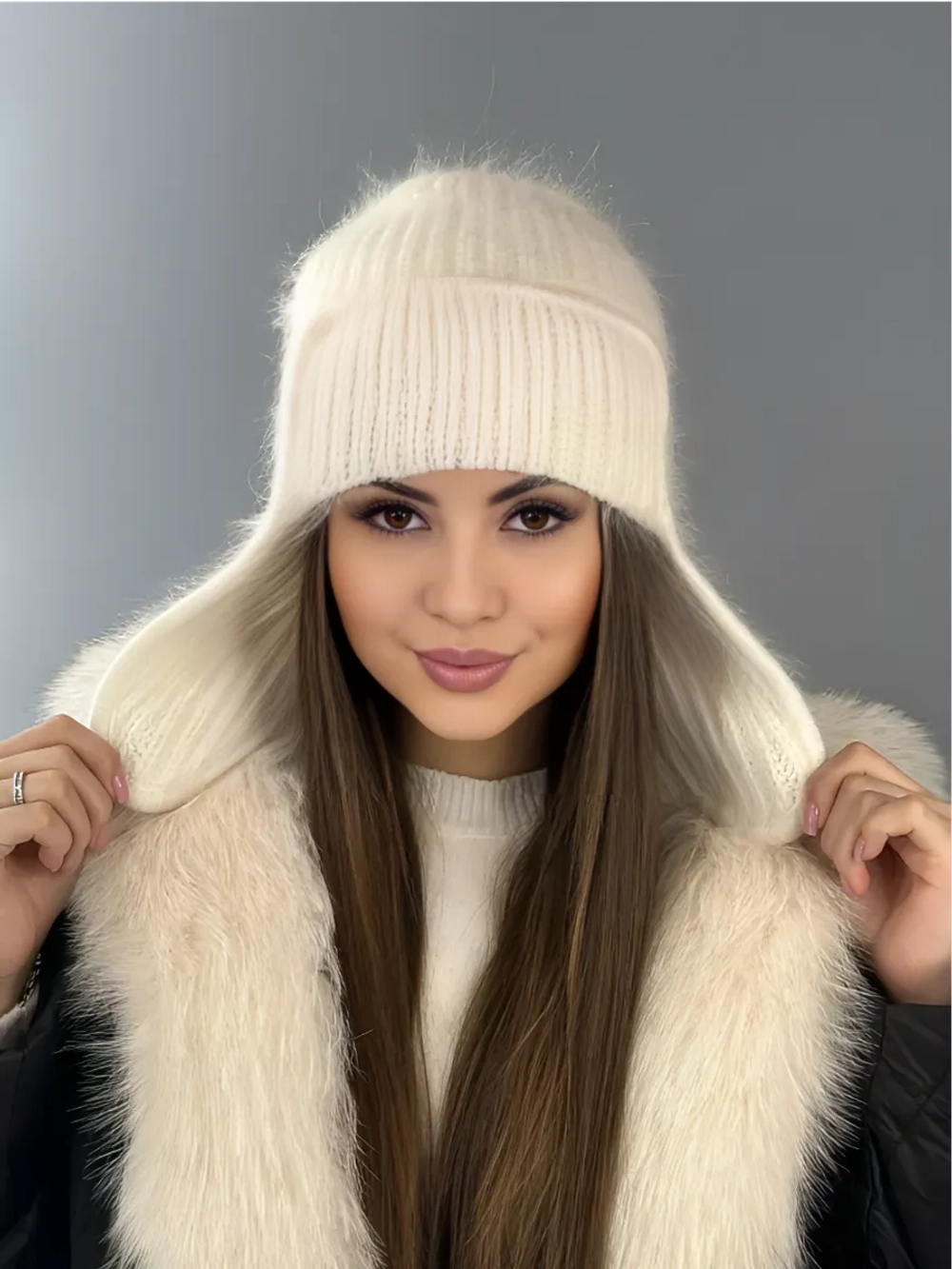 шапка ушанка вязаная зимняя ангора пушистая