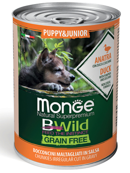 Влажный корм Monge Dog BWild GRAIN FREE Puppy&Junior для щенков и беременных собак, беззерновой, из утки с тыквой и кабачками 400 г