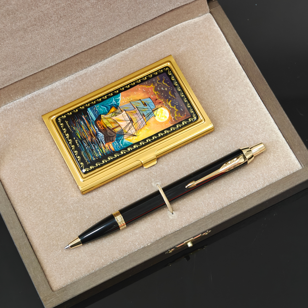 Набор подарочный "Парусник" визитница персональная с ручной росписью и ручка Parker