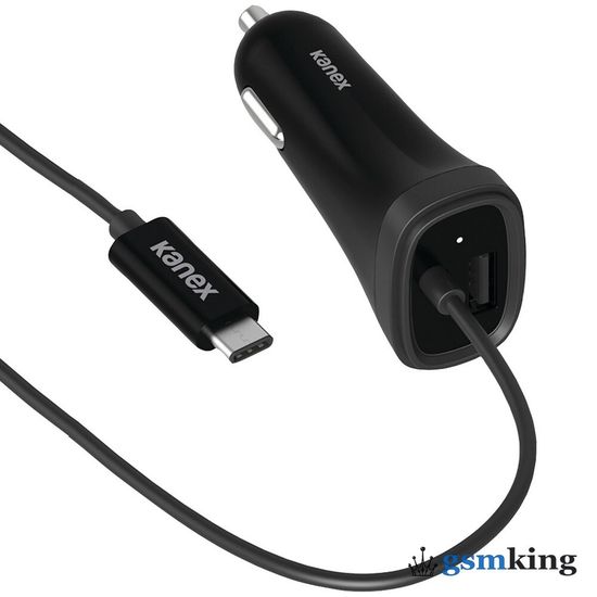 Kanex USB-C Car Charger 1.2m with (1 USB Port 15 + Lightning 5W) Black K181-1052-BK4F