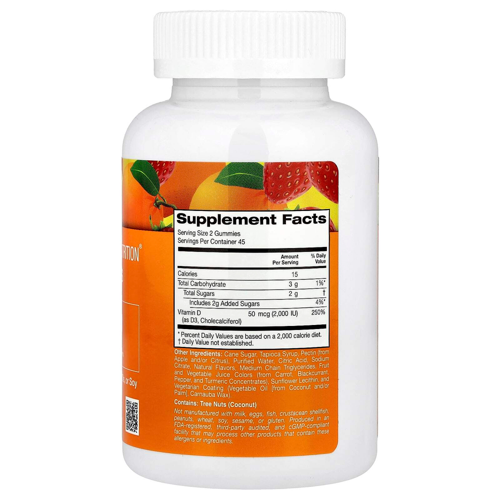 California Gold Nutrition, жевательный витамин D3, со вкусами лимона, апельсина и клубники, 90 жевательных таблеток (25 мкг (1000 МЕ) в 1 таблетке)