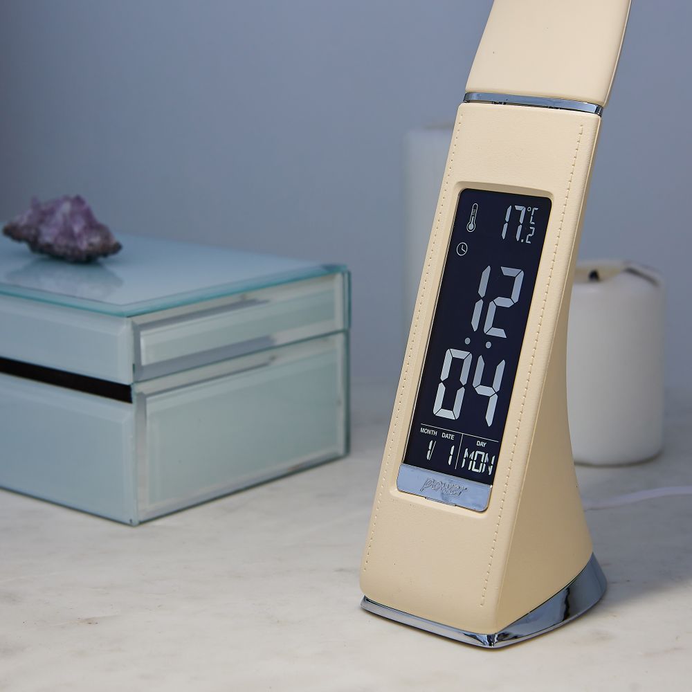 TLD-542 Cream-LED-300Lm-5000K-Dimmer Светильник настольный c часами. календарем. термометром. 5W. Сенсорный выключатель. Кремовый стилизован под кожу. TM Uniel.