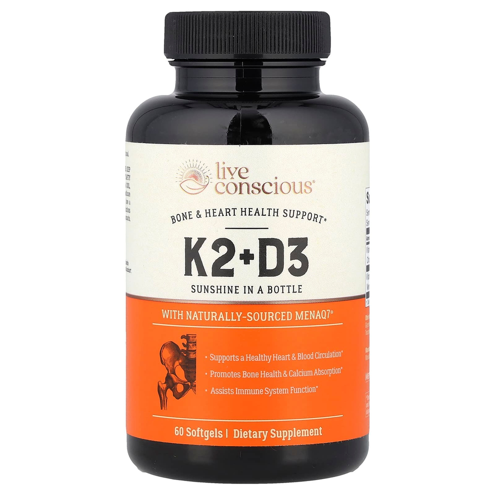 Live Conscious, K2 + D3, здоровье костей и сердца, 60 мягких таблеток