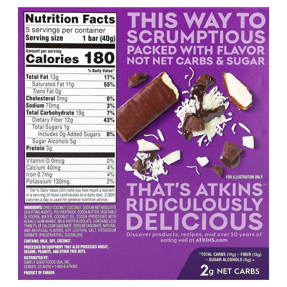 Atkins, Endulge™, шоколадно-кокосовый батончик, 5 шт. по 40 г (1,41 унции)