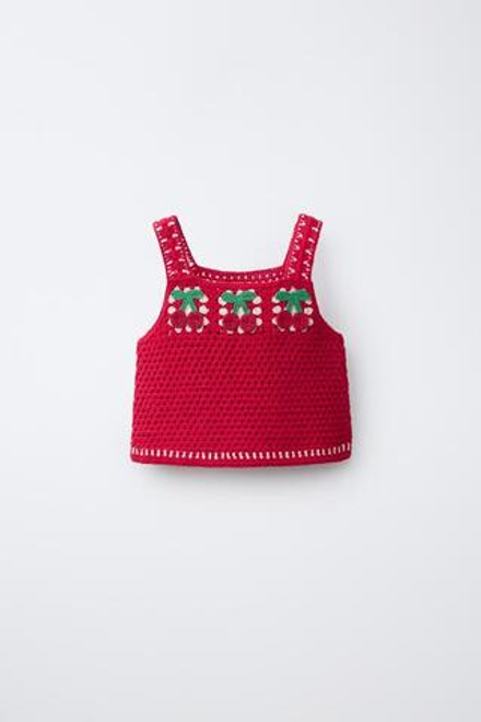 ZARA ВЯЗАНЫЙ ТОП С ВИШНЯМИ, КРАСНЫЙ