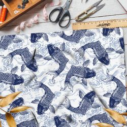 Ткань шифон синие карпы