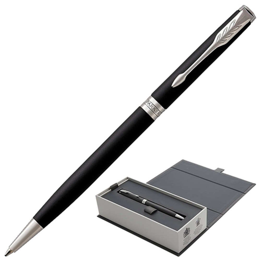 Ручка шариковая PARKER "Sonnet Core Matt Black CT Slim", тонкая, корпус черный матовый лак, палладиевые детали, черная, 1931525