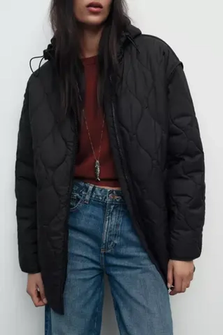 ZARA ПУХОВИК С КАПЮШОНОМ, ЧЕРНЫЙ