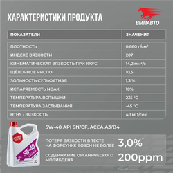 Синтетическое моторное масло ВМПАВТО 5W-40 API SN/CF A3/B4, 4 литра канистра