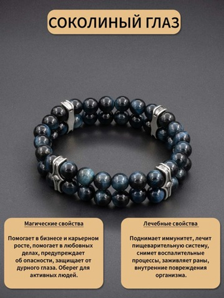 Браслет из камня Соколиный глаз двойной 8 мм спейсер Всевидящее Око серебро