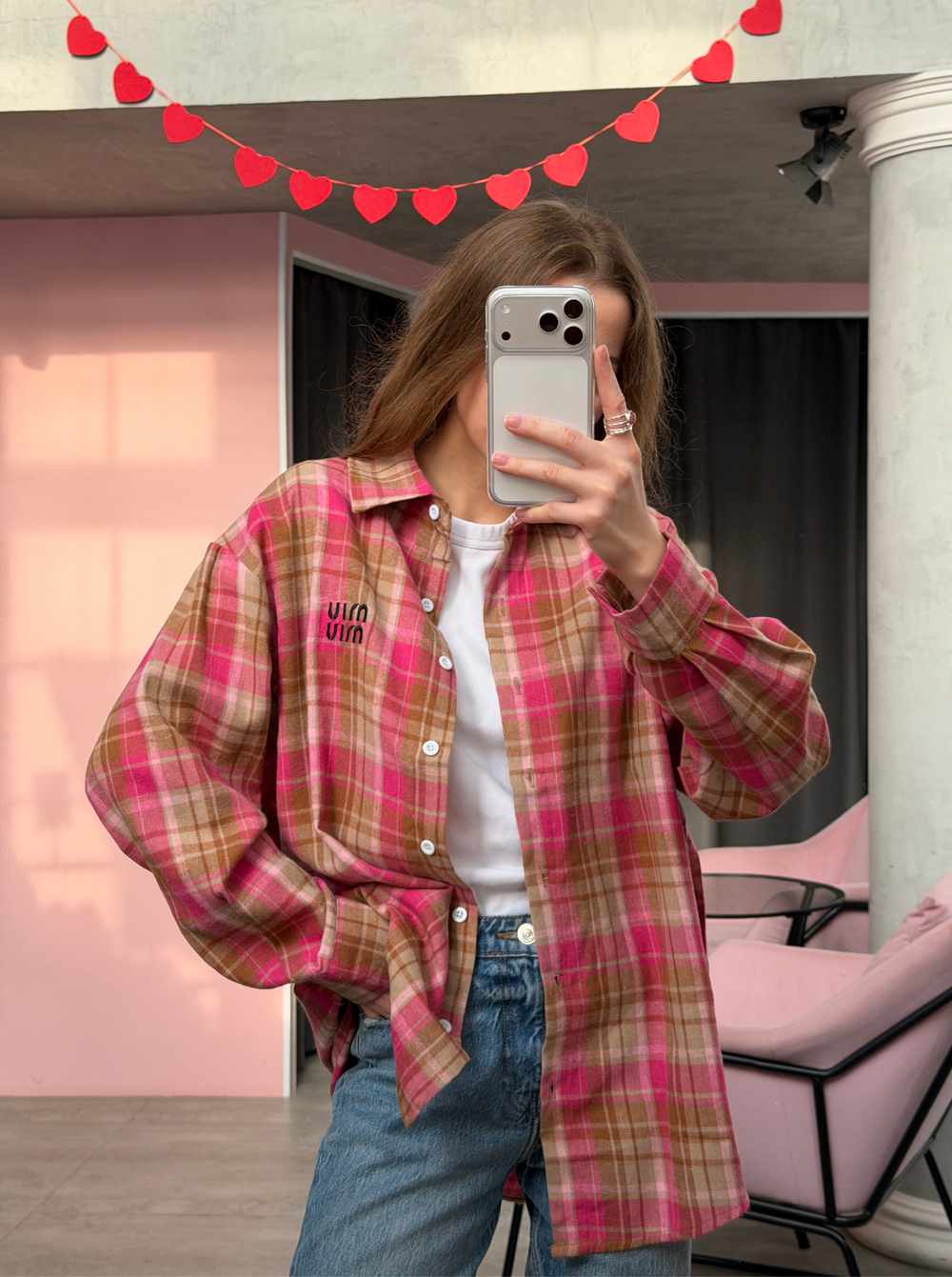 Рубашка в клетку фуксия